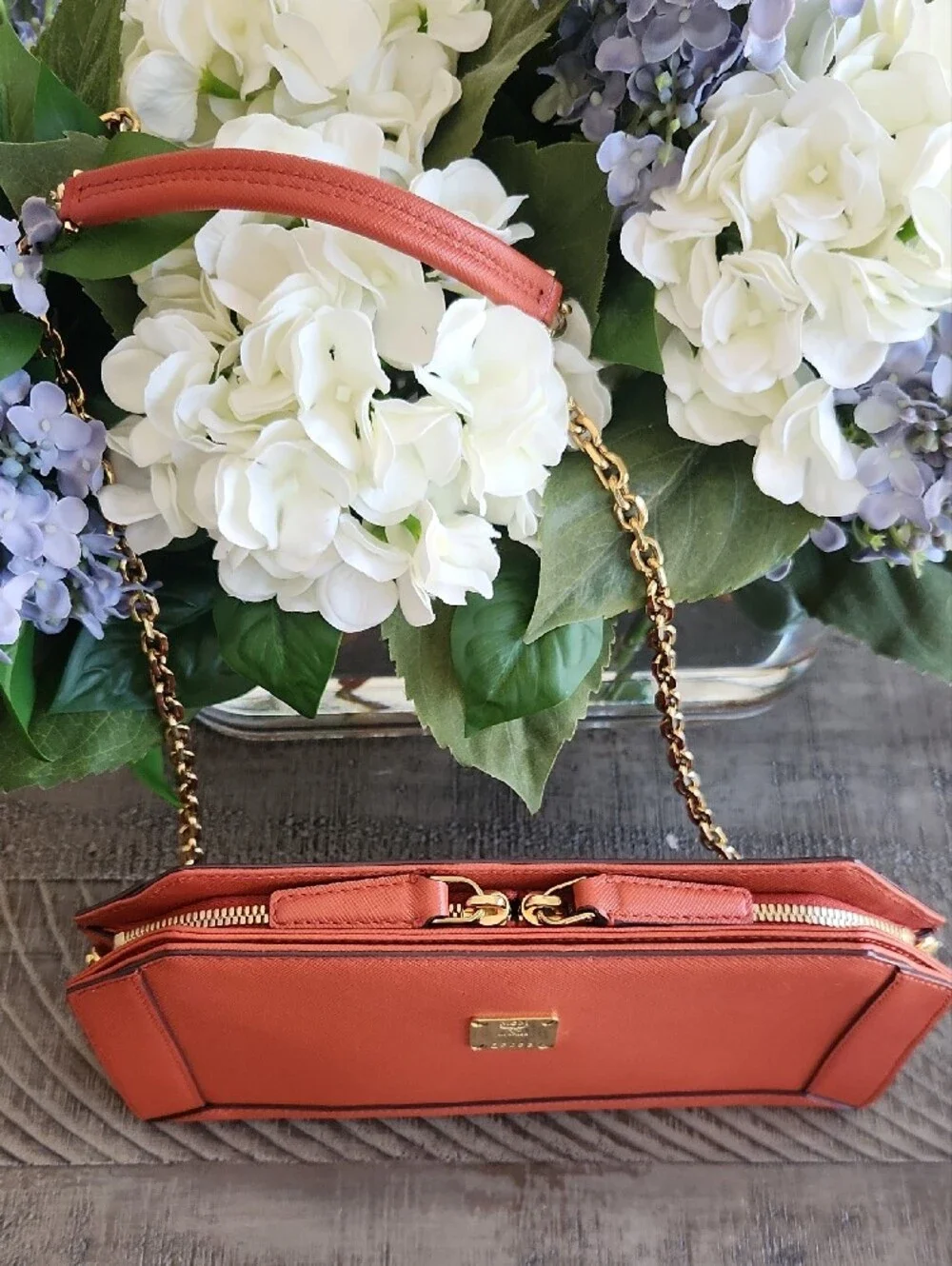 MCM Orange Saffiano Leather Satchel with Gold Chain Accent-FALL!